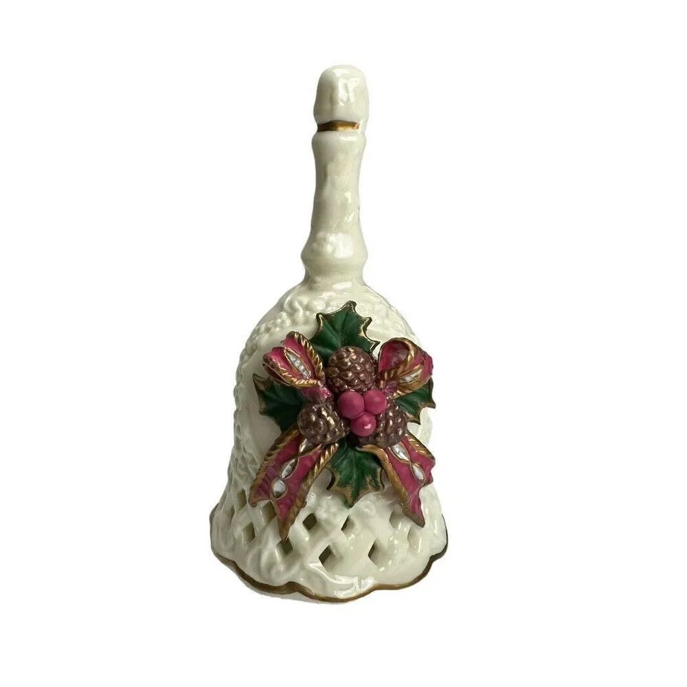Vintage Beautiful White Ceramic Christmas Bell With Acorns and Holly